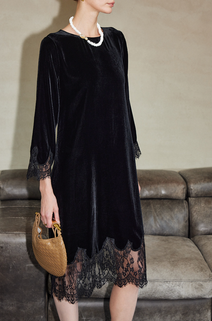 Velvet Midi Dress with Lace Trim – LACE