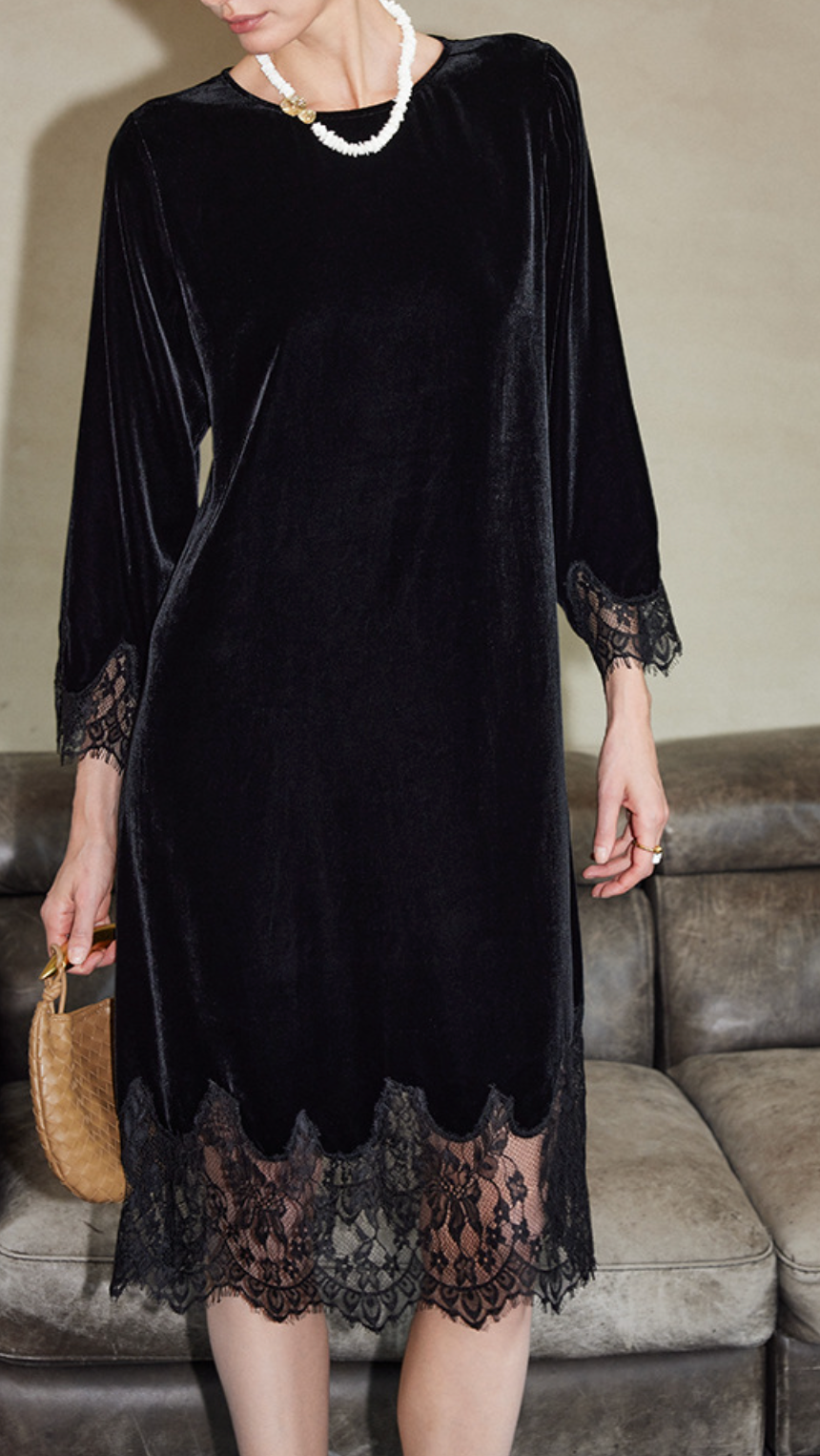 Velvet Midi Dress with Lace Trim – LACE