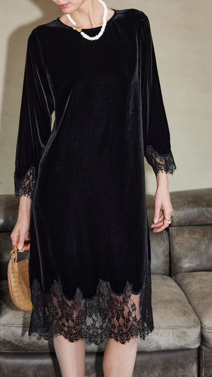 Velvet Midi Dress with Lace Trim – LACE