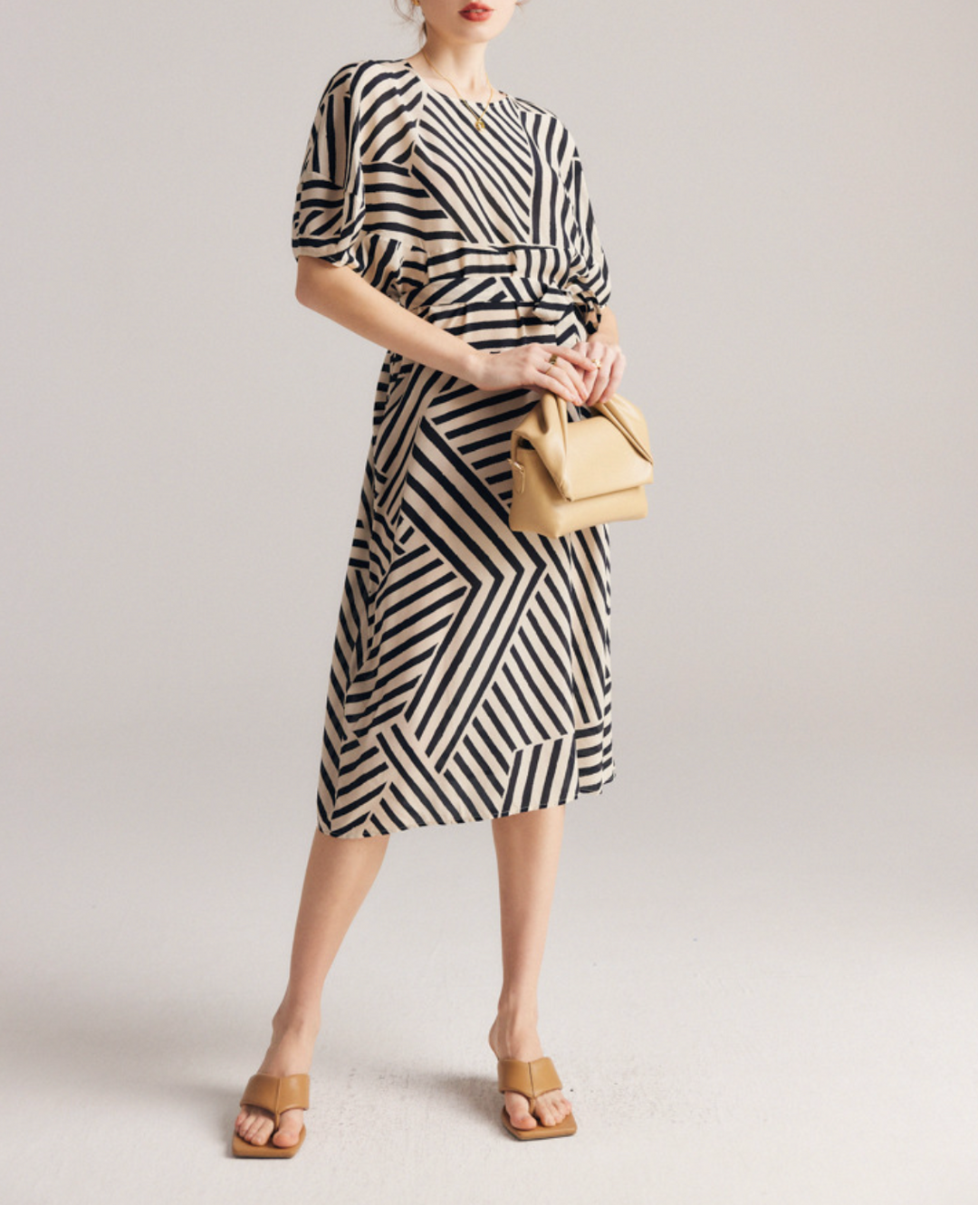 Geometric Stripe Midi Dress with Waist Tie – LUXE