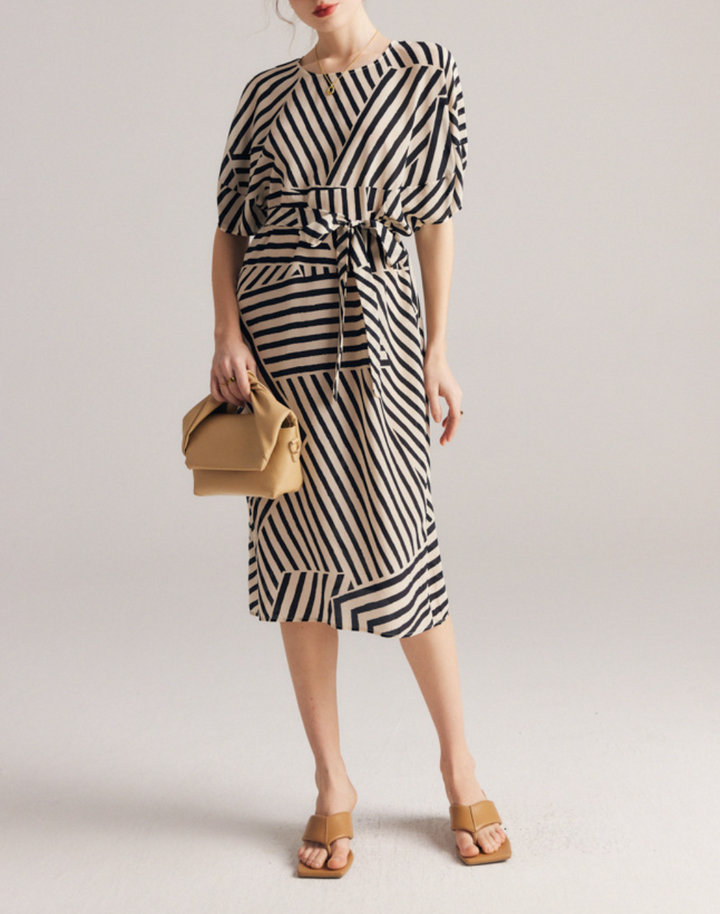 Geometric Stripe Midi Dress with Waist Tie – LUXE