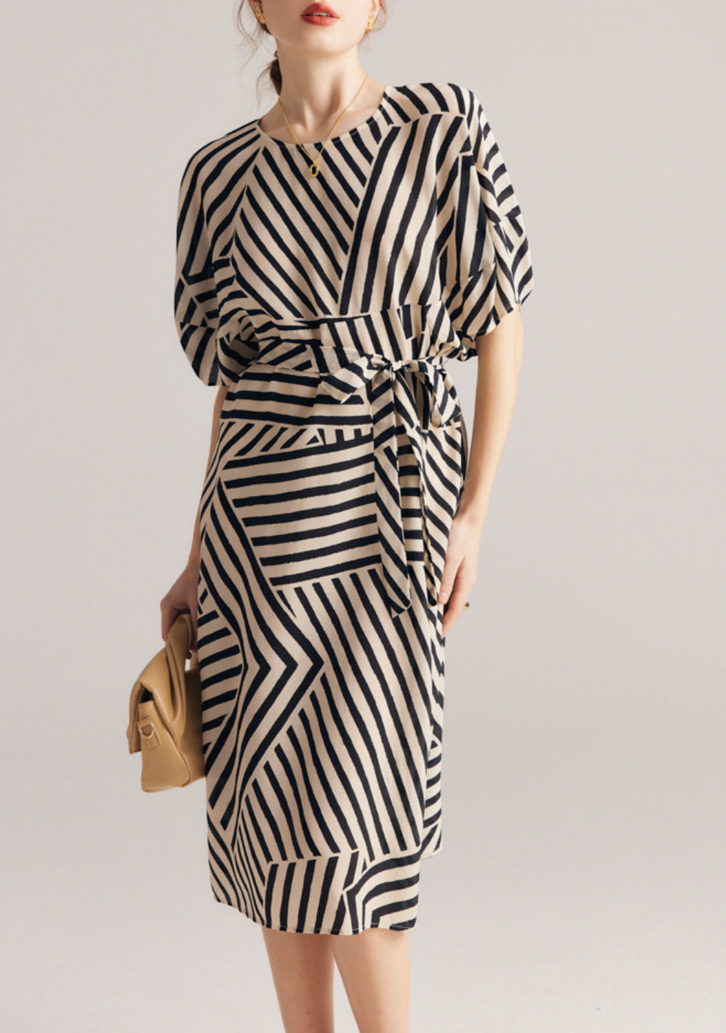 Geometric Stripe Midi Dress with Waist Tie – LUXE