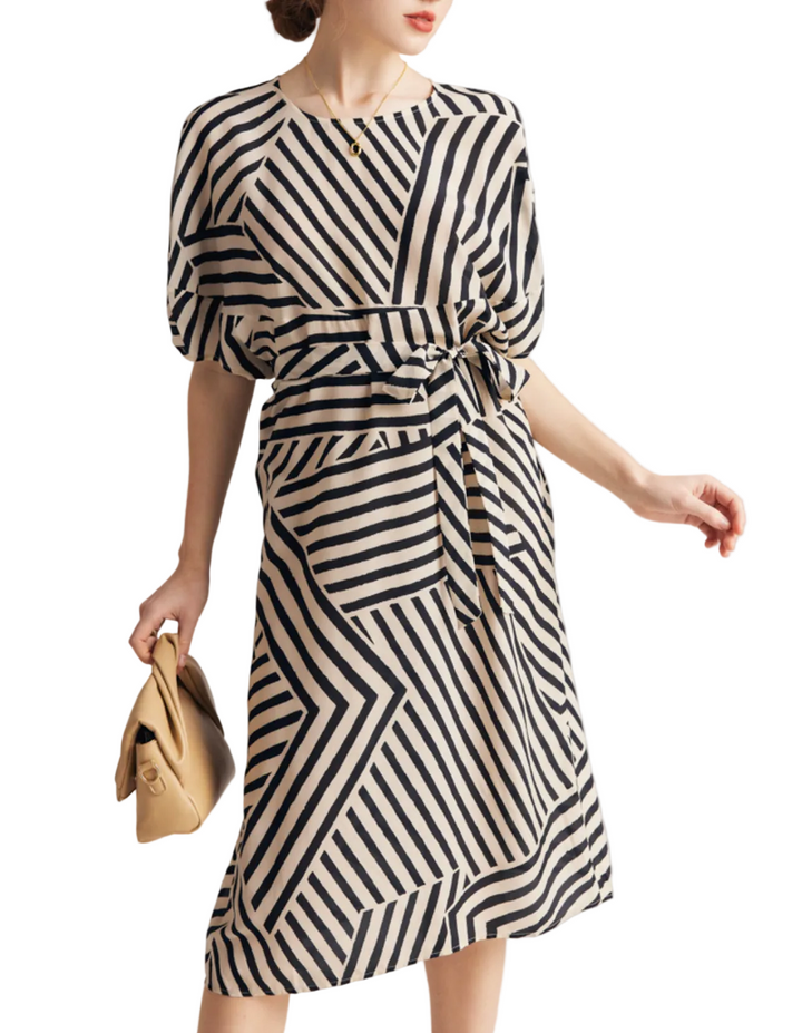 Geometric Stripe Midi Dress with Waist Tie – LUXE