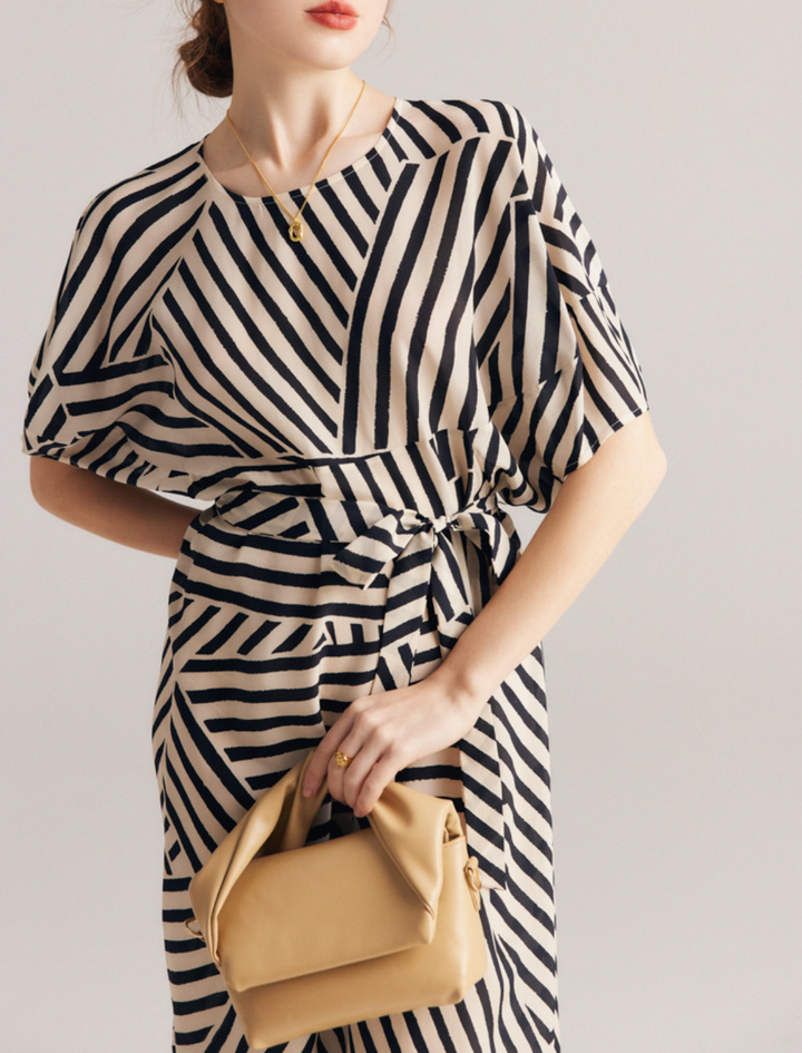 Geometric Stripe Midi Dress with Waist Tie – LUXE