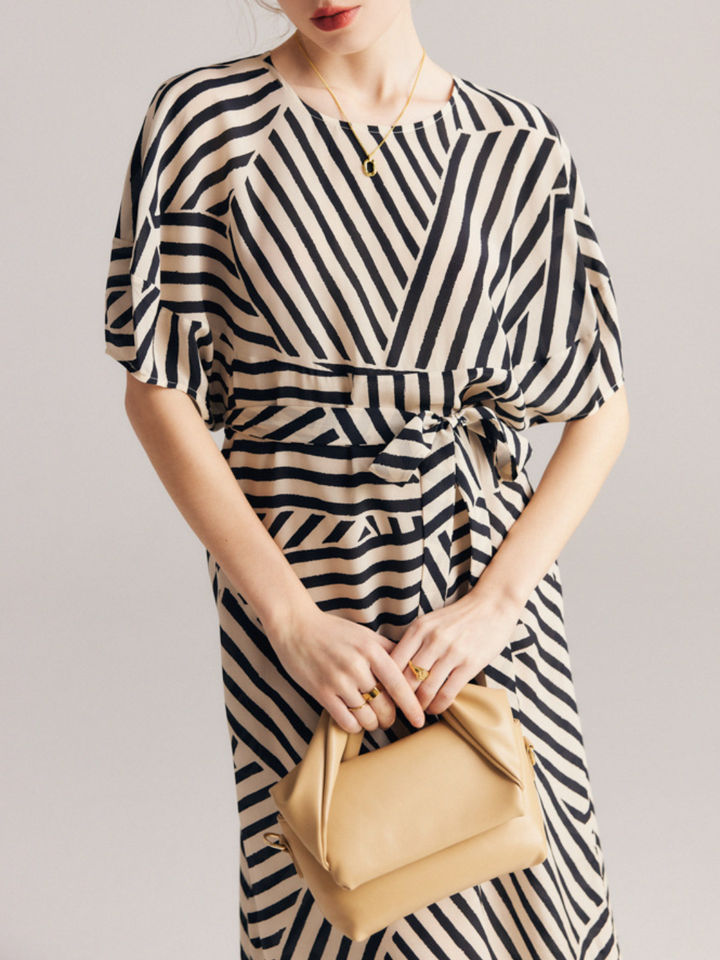 Geometric Stripe Midi Dress with Waist Tie – LUXE