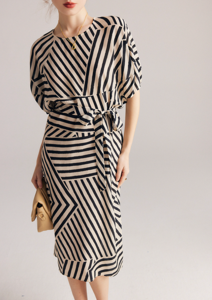 Geometric Stripe Midi Dress with Waist Tie – LUXE