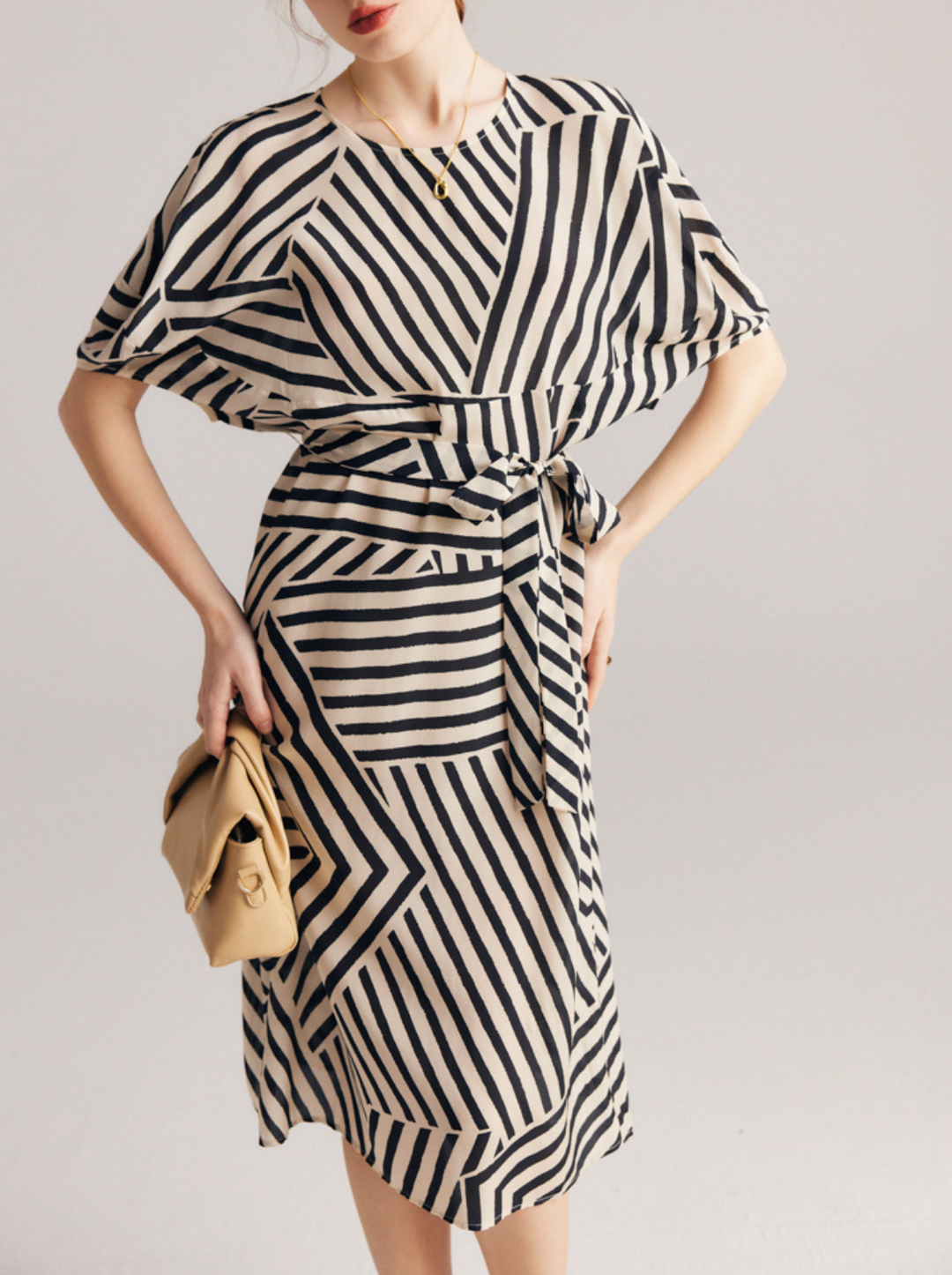 Geometric Stripe Midi Dress with Waist Tie – LUXE