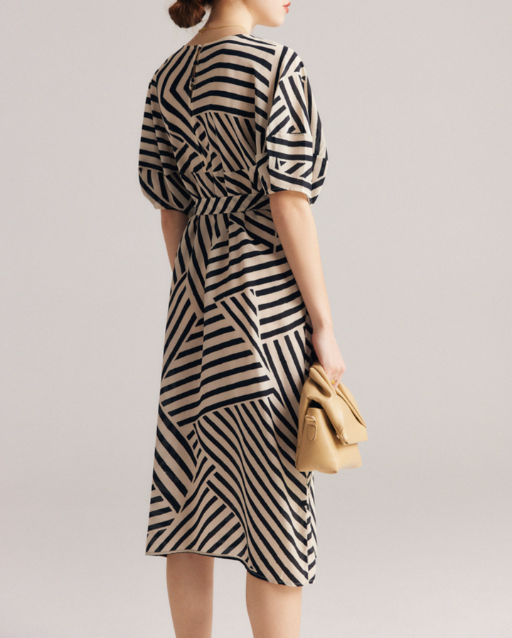 Geometric Stripe Midi Dress with Waist Tie – LUXE