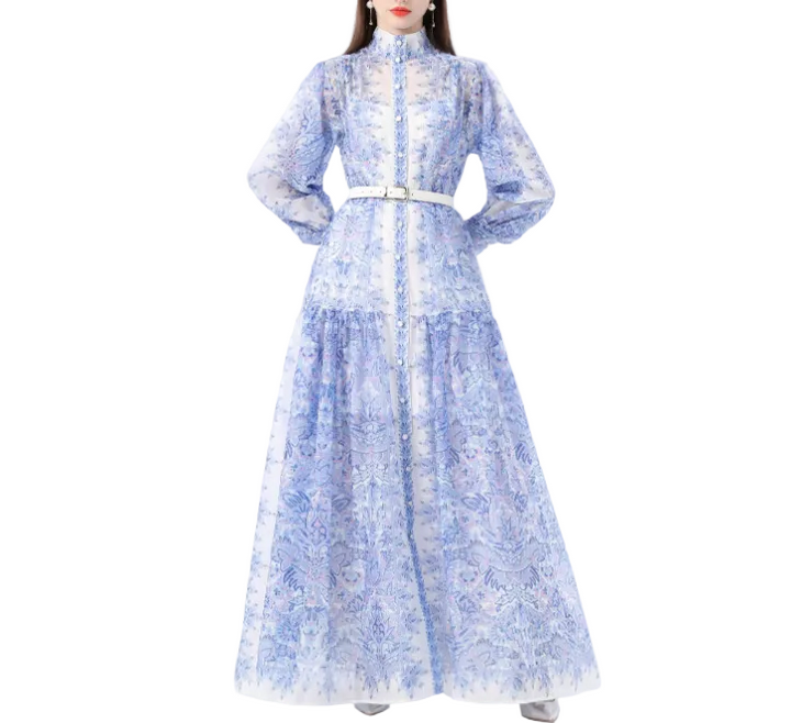 High-Neck Printed Maxi Dress with Belt – BADAWY