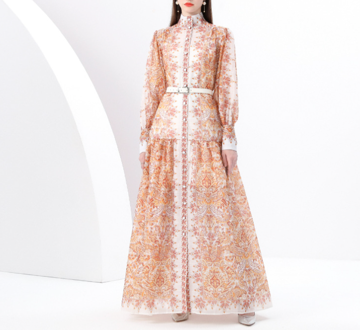 High-Neck Printed Maxi Dress with Belt – BADAWY