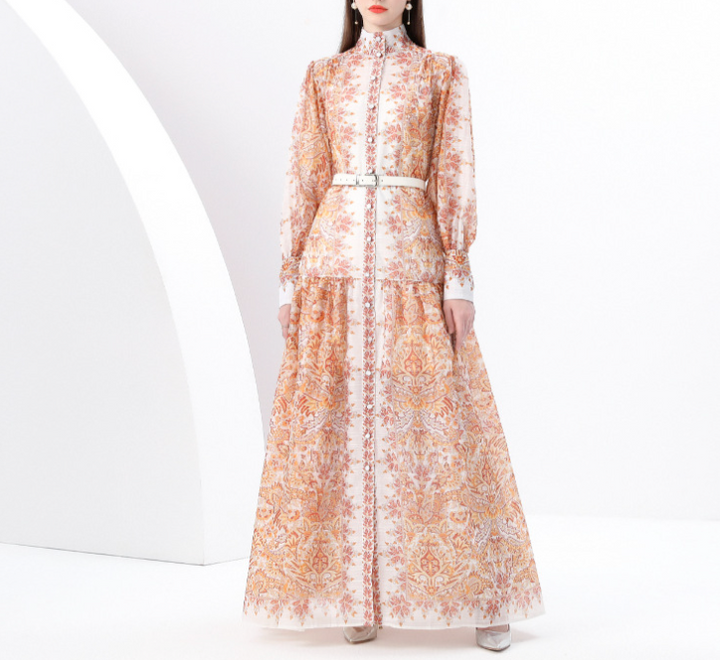 High-Neck Printed Maxi Dress with Belt – BADAWY