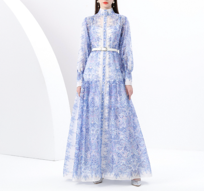 High-Neck Printed Maxi Dress with Belt – BADAWY