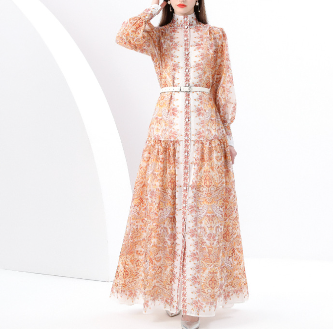 High-Neck Printed Maxi Dress with Belt – BADAWY