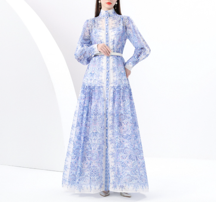 High-Neck Printed Maxi Dress with Belt – BADAWY