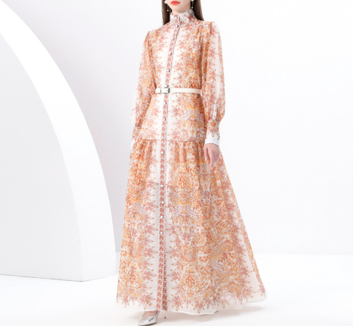 High-Neck Printed Maxi Dress with Belt – BADAWY