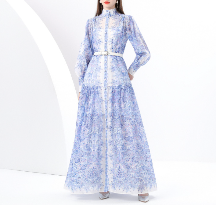 High-Neck Printed Maxi Dress with Belt – BADAWY