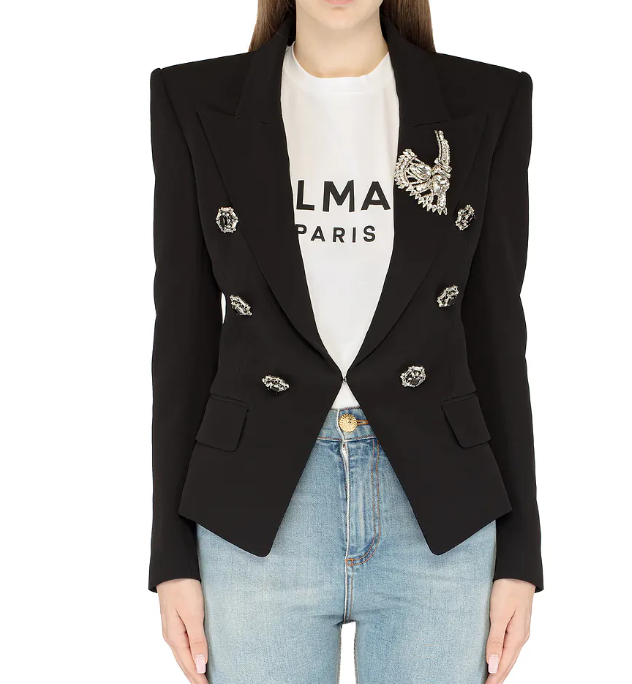 Embellished double-breasted blazer with crystal brooch – JEWEL