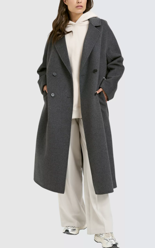 Belted double-breasted long coat – CHARCOAL