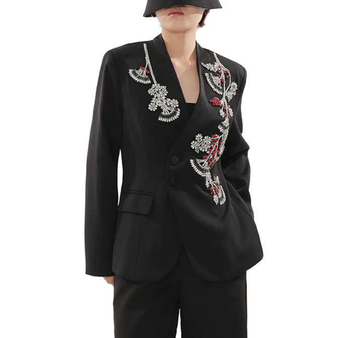 embroidered tailored blazer with crystal floral detailing – NOIRIS