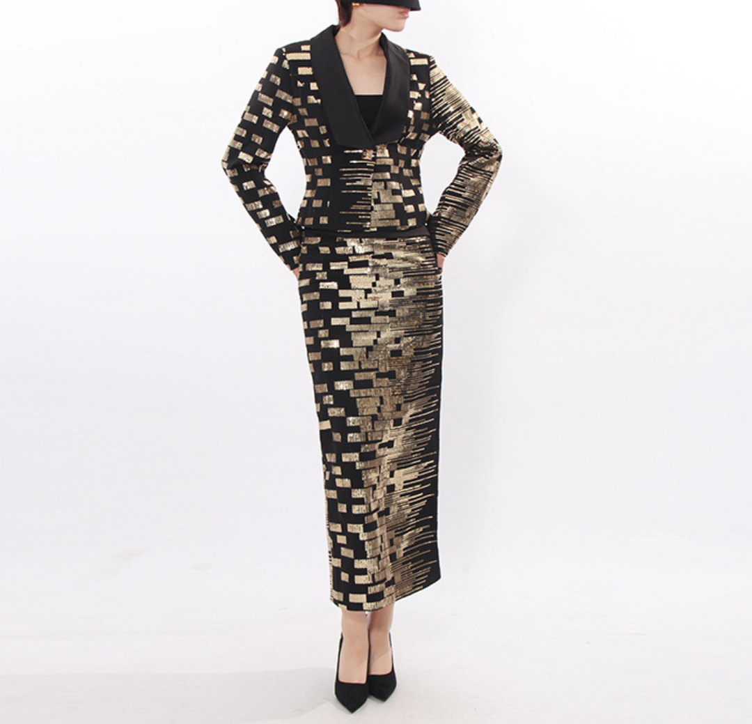 Tailored jacquard blazer & pencil skirt set with metallic geometric pattern – AURORA