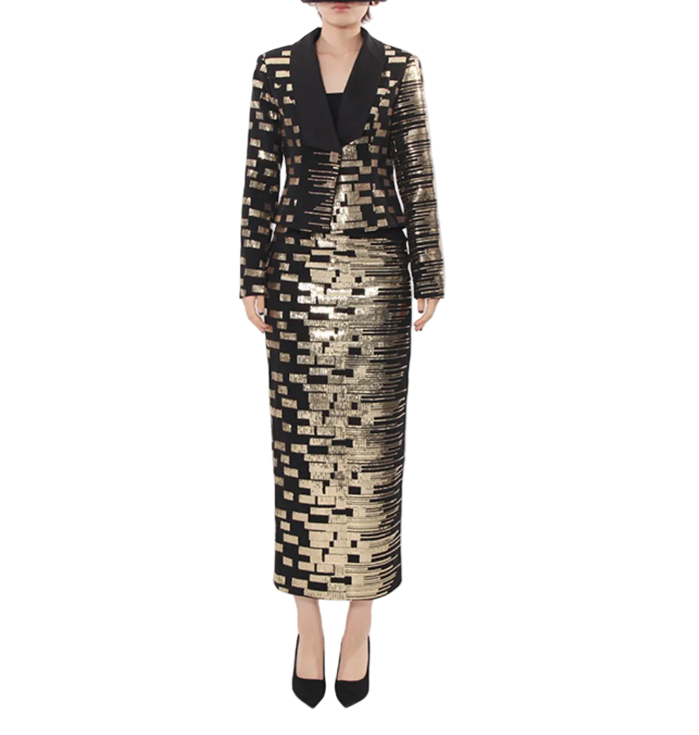 Tailored jacquard blazer & pencil skirt set with metallic geometric pattern – AURORA