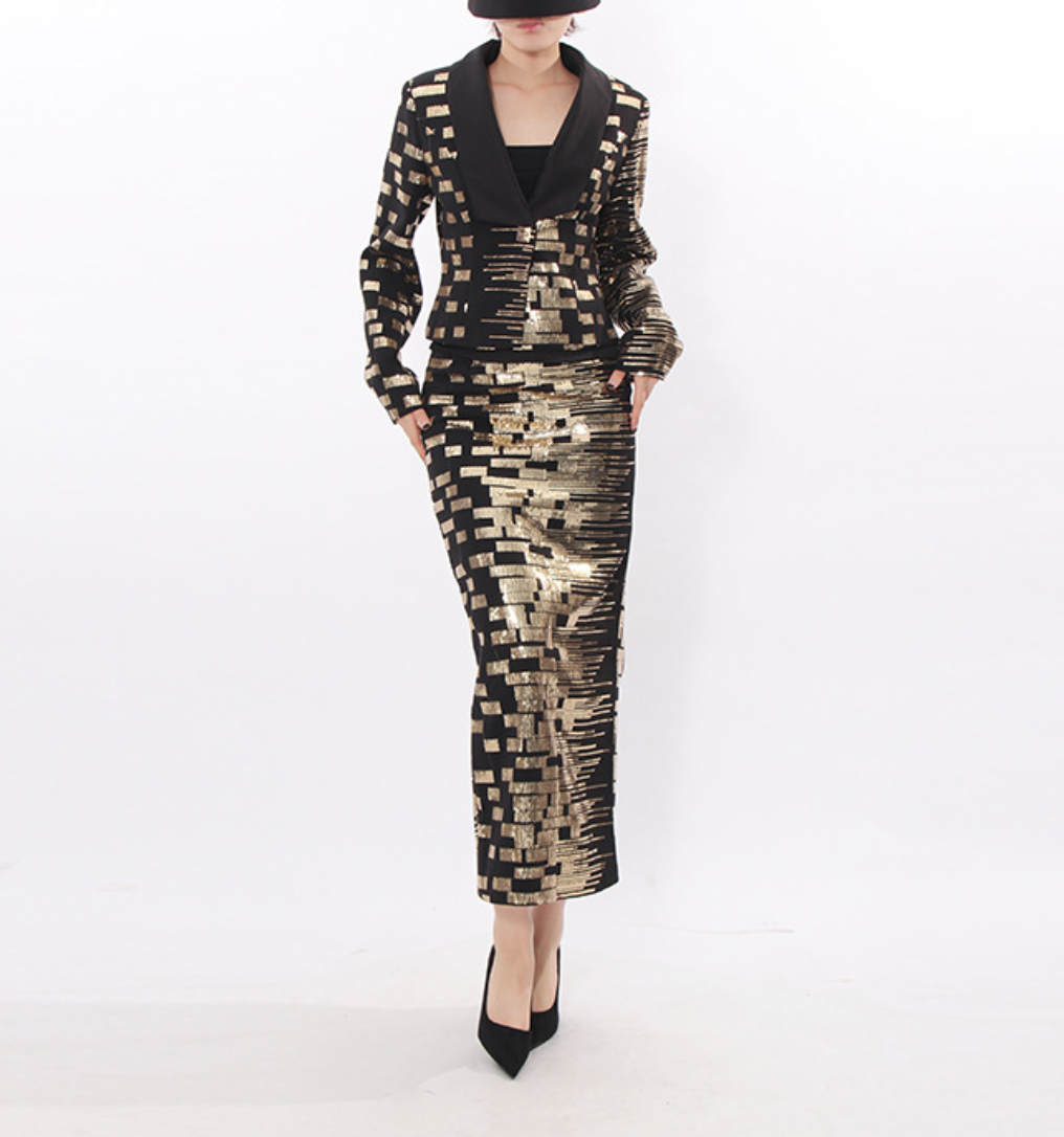 Tailored jacquard blazer & pencil skirt set with metallic geometric pattern – AURORA