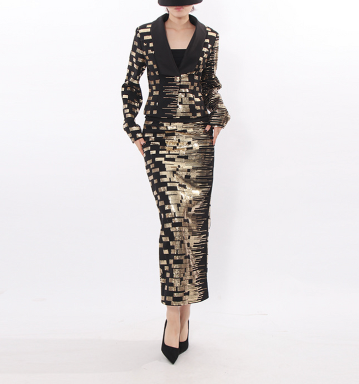 Tailored jacquard blazer & pencil skirt set with metallic geometric pattern – AURORA
