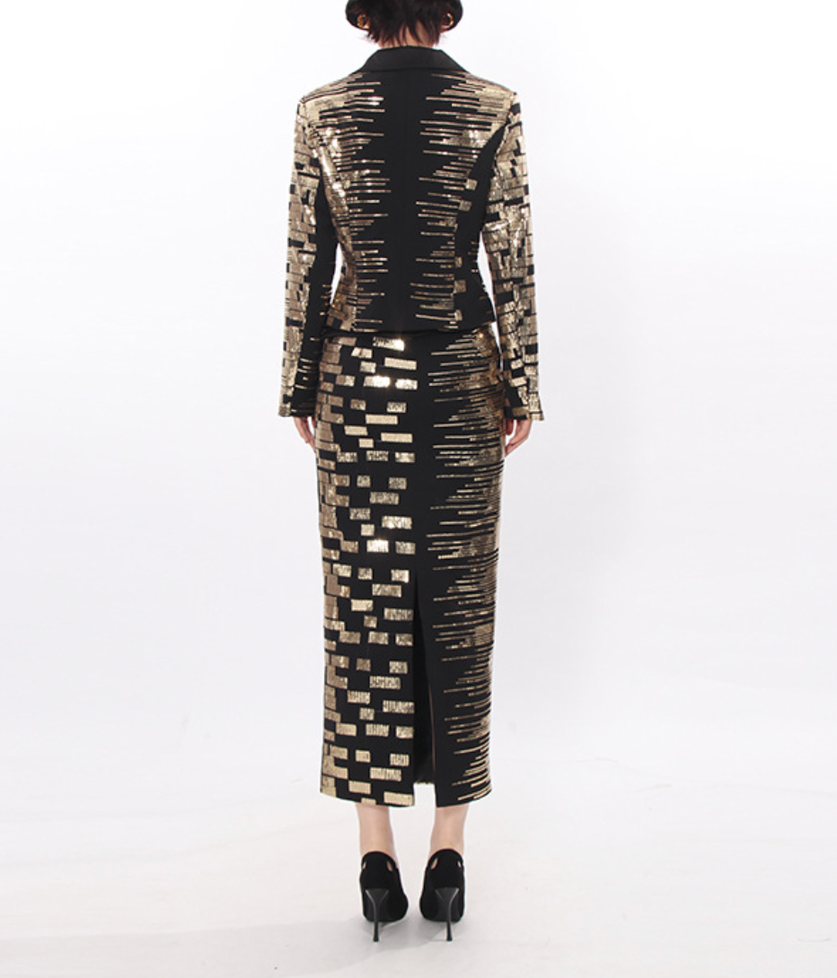 Tailored jacquard blazer & pencil skirt set with metallic geometric pattern – AURORA