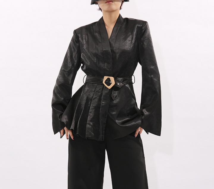 tailored belted satin blazer with pleated waist – HEXA