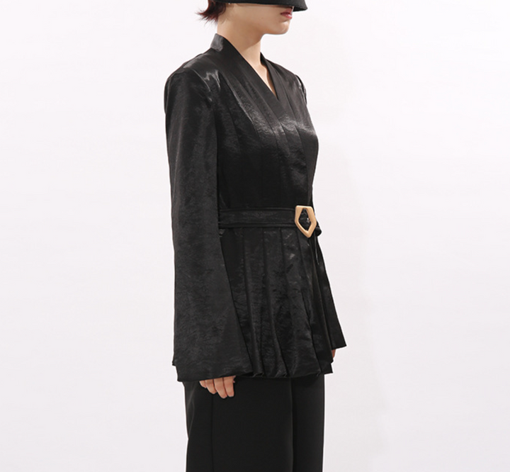 tailored belted satin blazer with pleated waist – HEXA