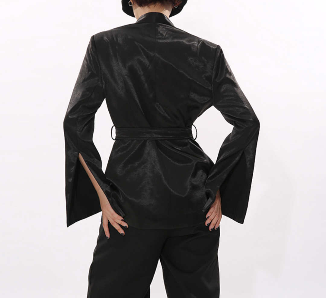 tailored belted satin blazer with pleated waist – HEXA