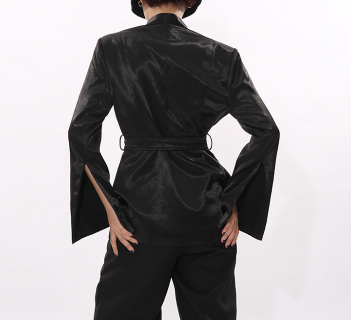 tailored belted satin blazer with pleated waist – HEXA