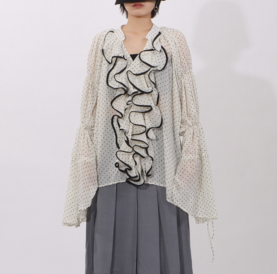 ruffled sheer polka dot blouse with contrast trim – ELARA