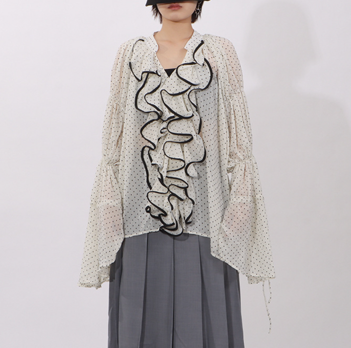 ruffled sheer polka dot blouse with contrast trim – ELARA