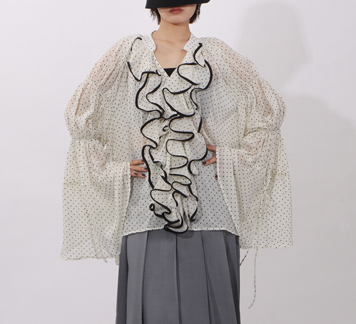 ruffled sheer polka dot blouse with contrast trim – ELARA