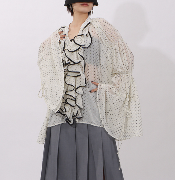 ruffled sheer polka dot blouse with contrast trim – ELARA