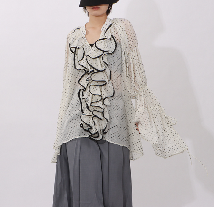 ruffled sheer polka dot blouse with contrast trim – ELARA
