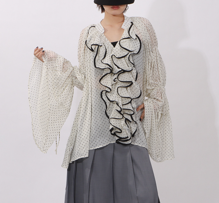 ruffled sheer polka dot blouse with contrast trim – ELARA