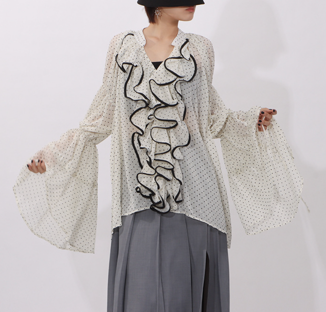 ruffled sheer polka dot blouse with contrast trim – ELARA