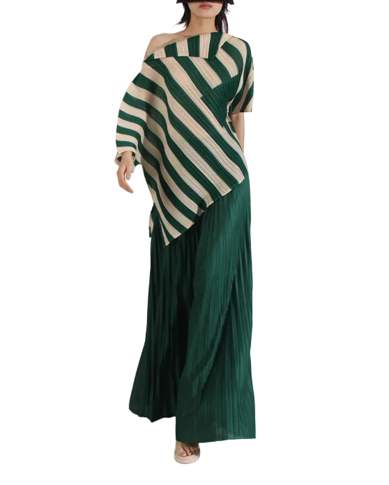 One-Shoulder Pleated Maxi Dress with Asymmetric Stripes – EMERALD