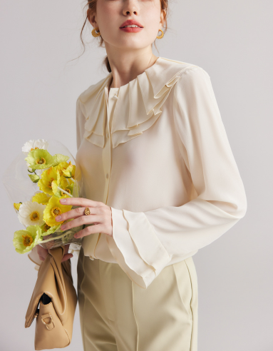 ruffled collar chiffon blouse with flared cuffs – ELLANA