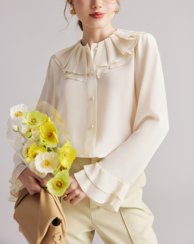 ruffled collar chiffon blouse with flared cuffs – ELLANA