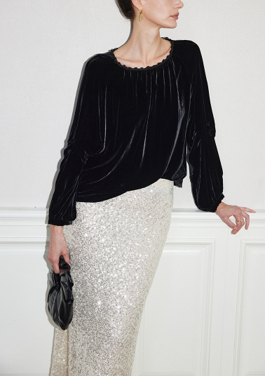 gathered neckline velvet blouse with fluid drape – SHINY