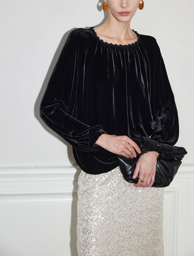 gathered neckline velvet blouse with fluid drape – SHINY