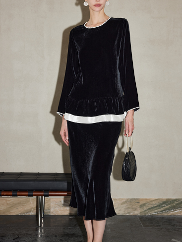 velvet blouse with contrast hem trim – LUNER