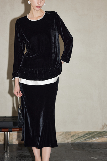velvet blouse with contrast hem trim – LUNER