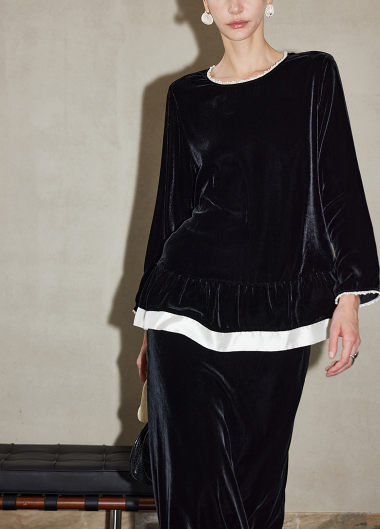 velvet blouse with contrast hem trim – LUNER