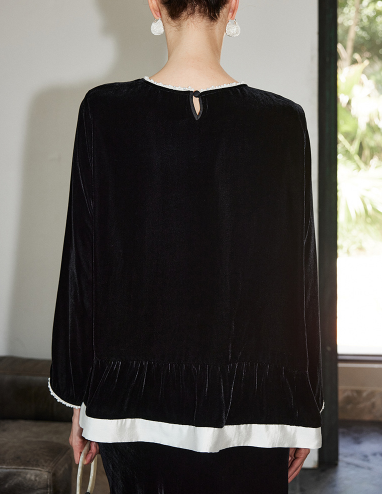 velvet blouse with contrast hem trim – LUNER