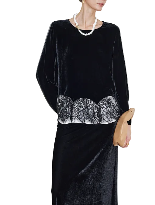 velvet blouse with lace hem detail – LACE
