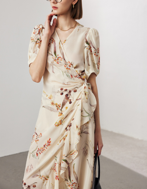 floral wrap midi dress with puff sleeves – GARDEN